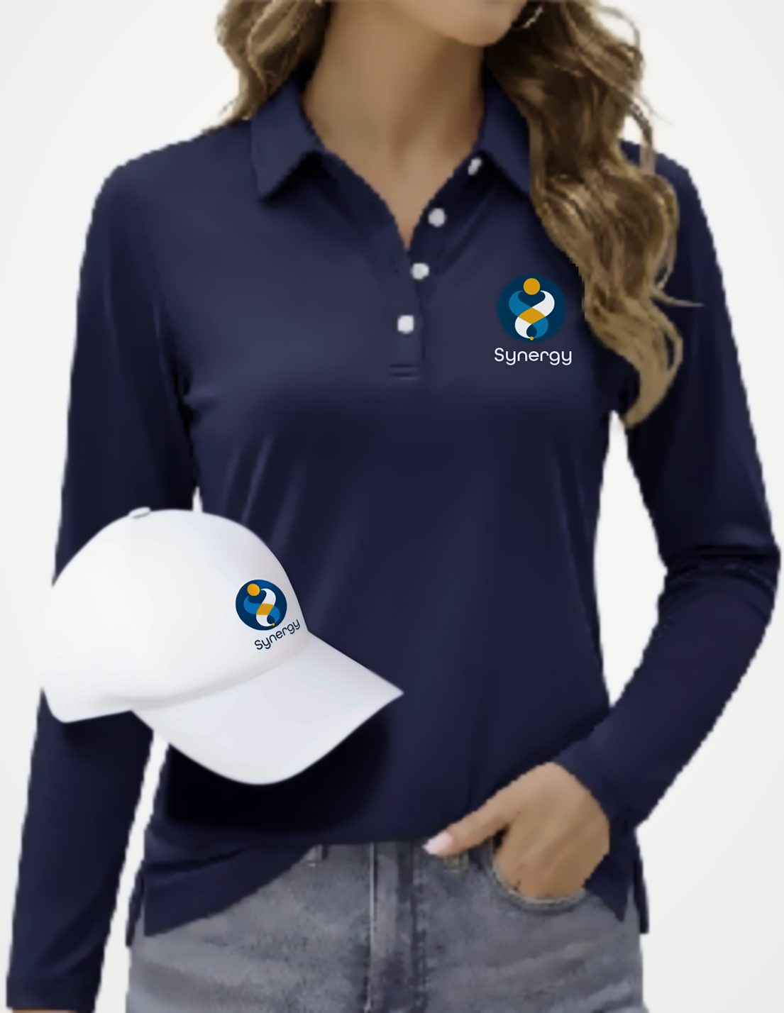 Synergy branded polo and cap, merchandise design by Longo Advertising